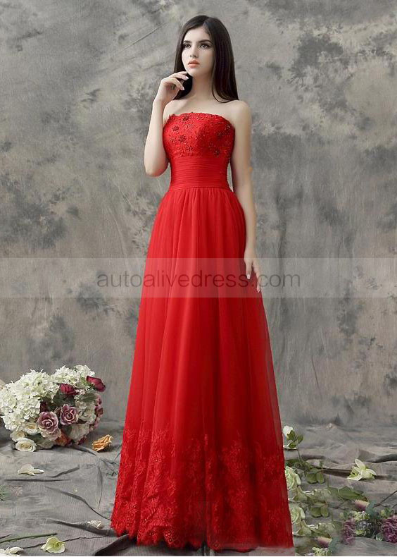 Strapless Beaded Red Lace Tulle Contemporary Evening Dress